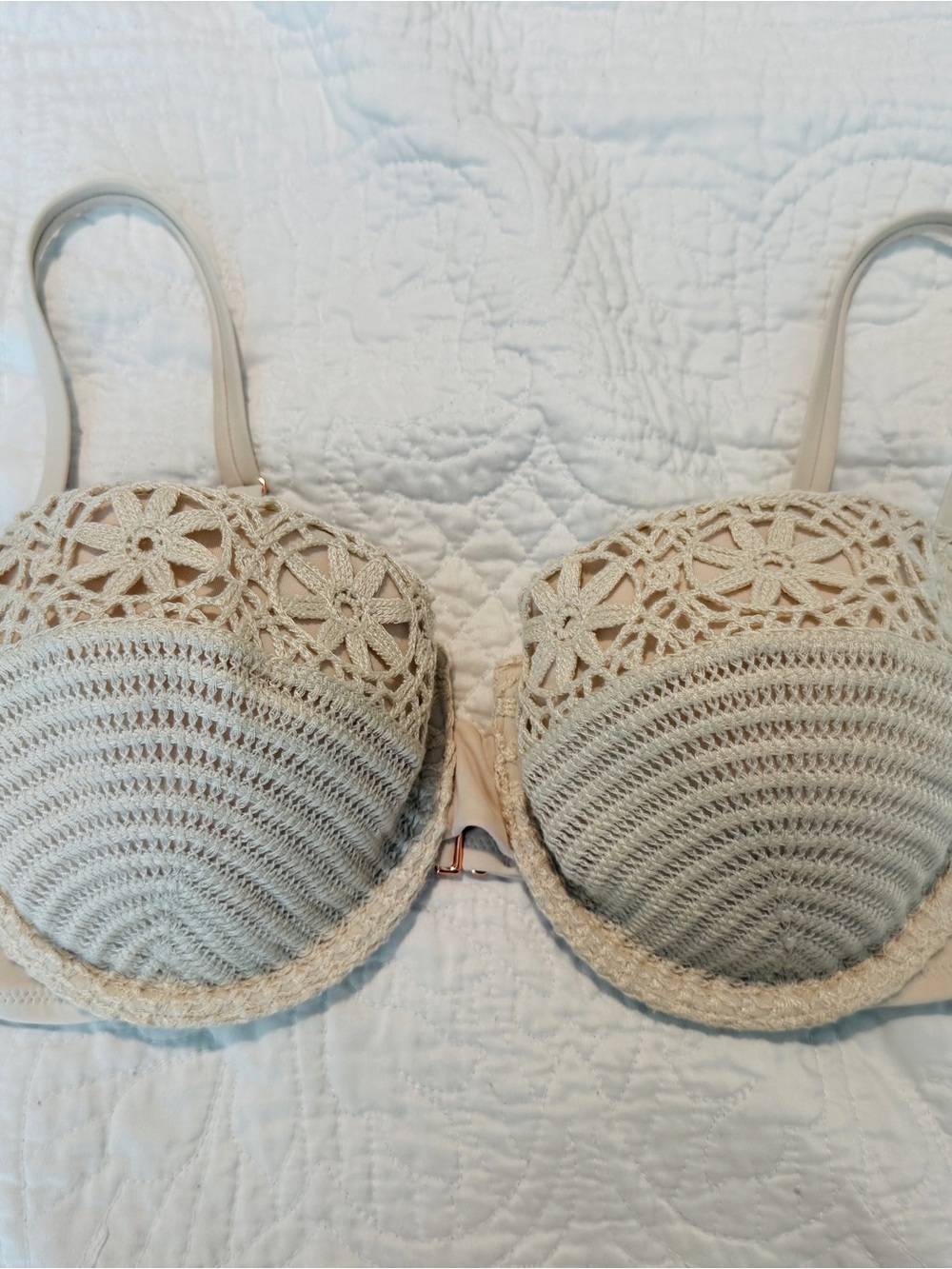 Shade & Shore Cream/Off-White Crochet Underwire Bikini Top 34DD